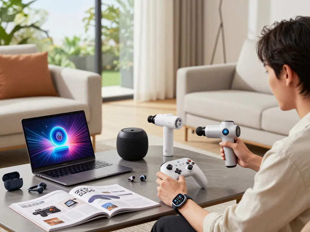 Displaying the latest tech gadgets 2036, including a Bluetooth controller and smartwatch in a modern living room.
