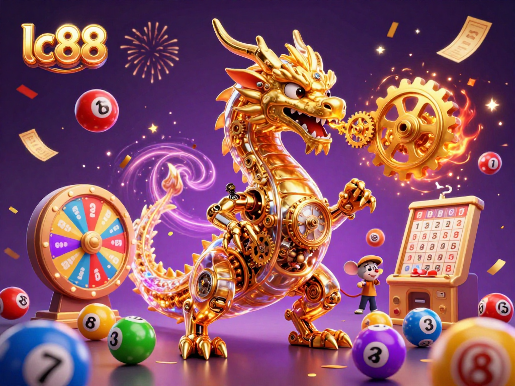 Engage in excitement at lc88 casino with a vibrant illustration showcasing a dragon and lottery elements.