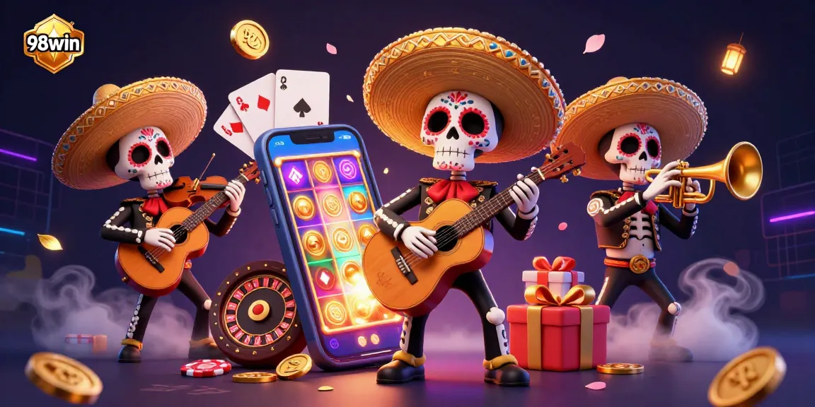 Spin vibrant slot games at 98win with lively mariachi figures amidst gold coins and playing cards.