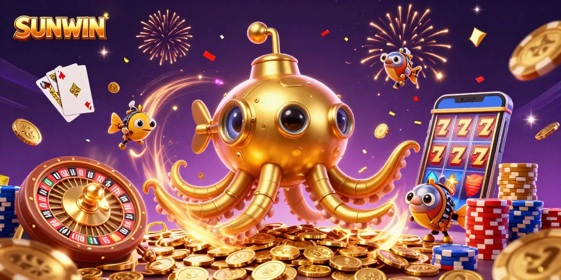 Engage with SUNWIN as the golden kraken submarine and mechanical fish explore a vibrant casino treasure scene.