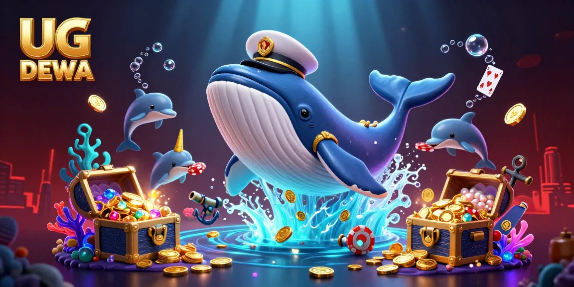 Spin and win with UG DEWA in a vibrant underwater casino, featuring playful dolphins and golden treasures.