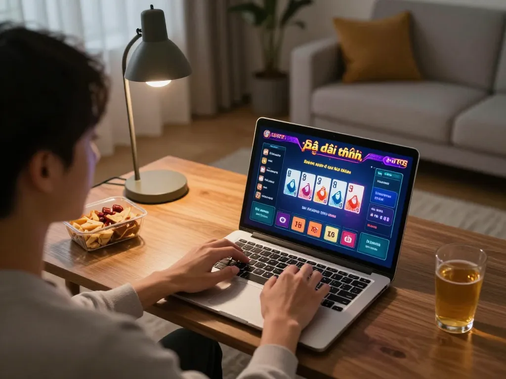 Engaging in game bài đổi thưởng with an online casino laptop setup showcasing vibrant gameplay.