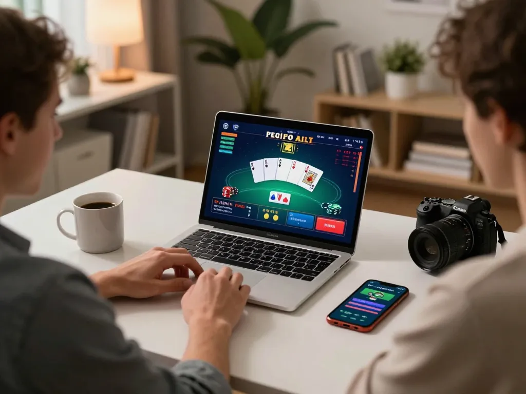 Player enjoying nohu online poker game on laptop at home, showcasing strategic betting.