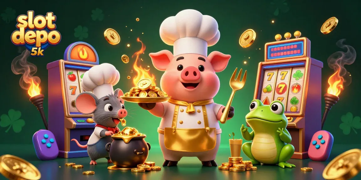 Engage in thrilling slot depo 5k gameplay with cartoon characters around vibrant slot machines.