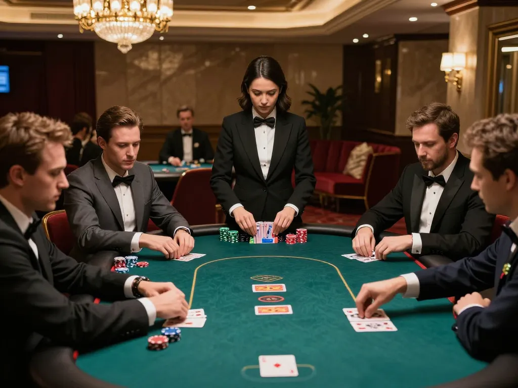 Intense poker action at upscale casino featuring okfun88 players competing with strategy and focus.