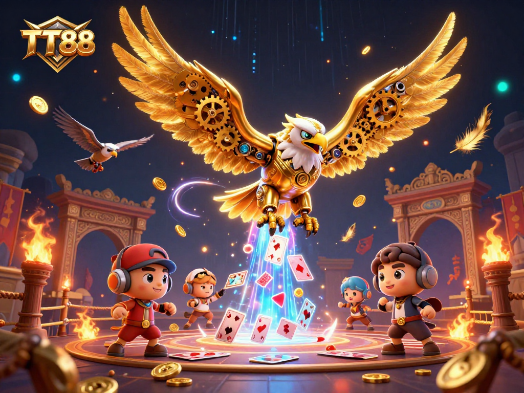 Experience the thrill of TT88 as the cybernetic eagle dives through energetic holographic cards in a vibrant casino scene.