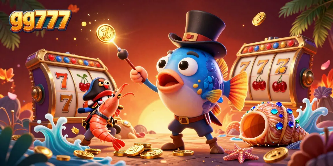 Engage with gg777's vibrant underwater casino illustration featuring an anglerfish, shrimp, and gemstone snail.