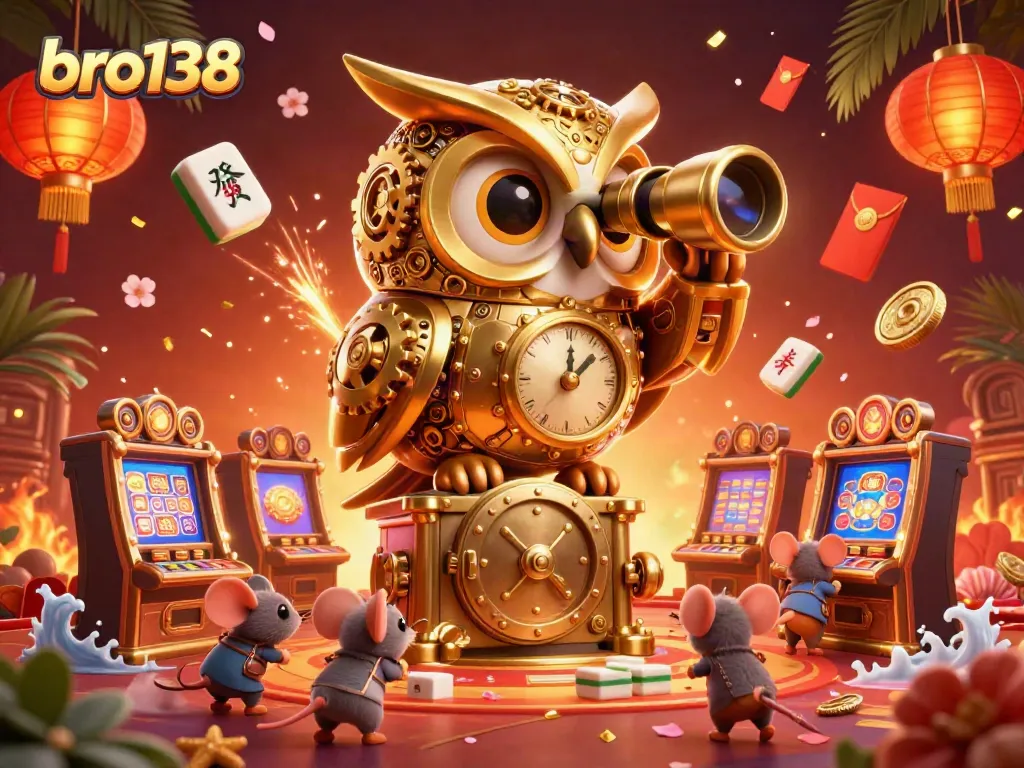 Experience thrilling moments at bro138 with a captivating 3D casino illustration featuring a golden owl and dynamic game elements.