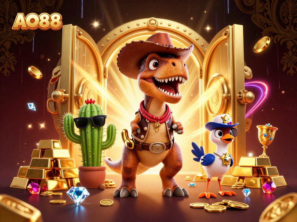Engage with thrilling gaming experiences at AO88 featuring a dynamic dinosaur and casino elements.