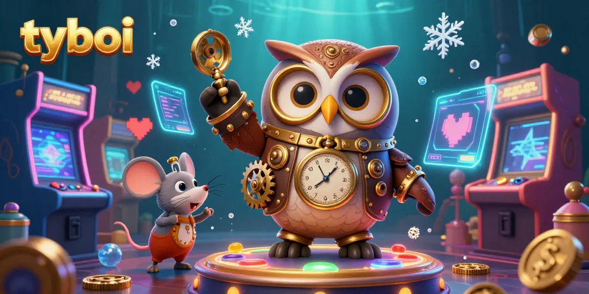 Engage with tyboi's thrilling gaming experience featuring a lively steampunk owl amidst vibrant arcade elements and casino themes.