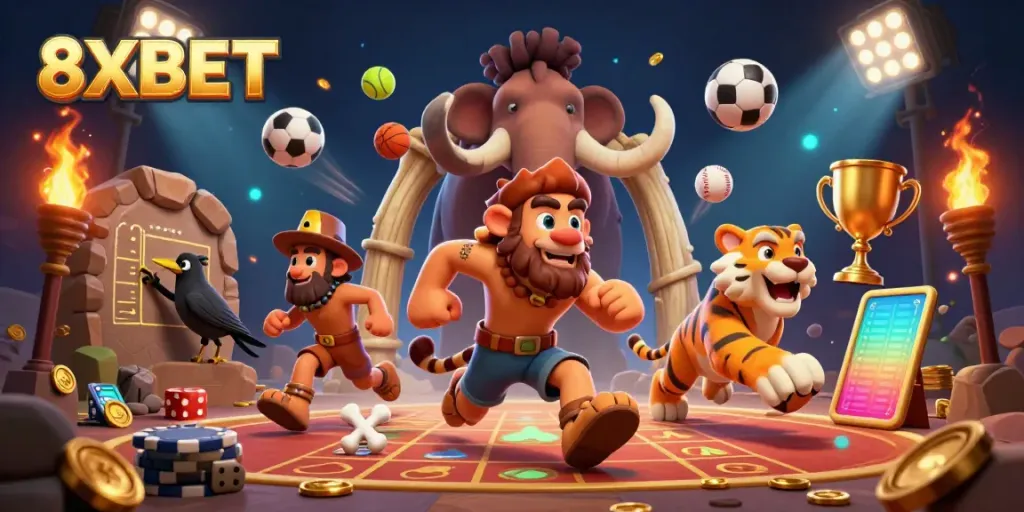 Experience thrilling action at 8XBET with caveman and tiger engaging in dynamic gambling activities.