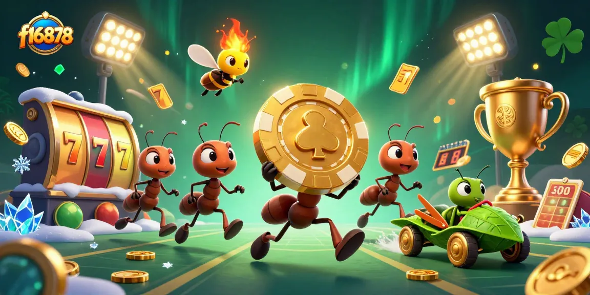 Engage with f16878 as ants seize a golden poker chip amidst dynamic casino activities.