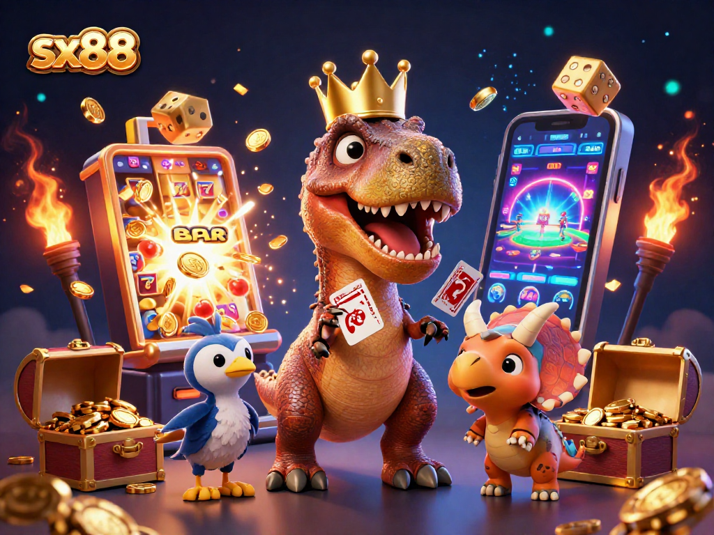 Experience thrilling gameplay at sx88 as a T-Rex plays cards with colorful casino elements around.