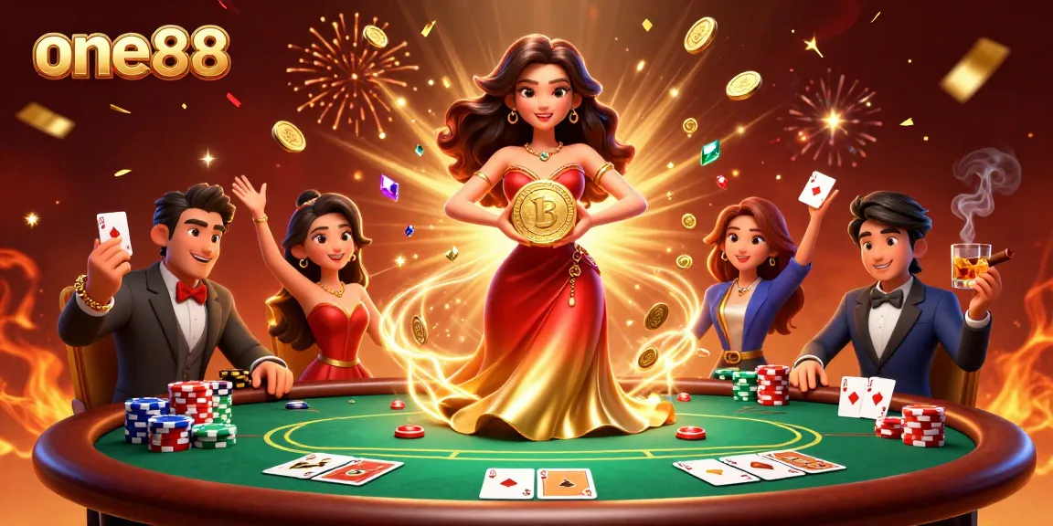 Spin the one88 casino action with a glamorous Asian woman, golden coins raining down in an exhilarating scene.
