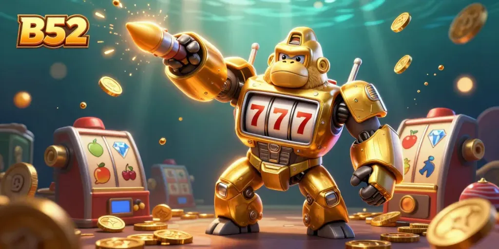 B52 golden gorilla mech transforms slot machine parts into a winning jackpot.