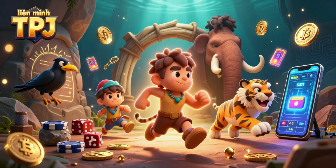 Engage with liên minh TPJ as a playful caveman and sabertooth tiger team up in an exciting casino environment.