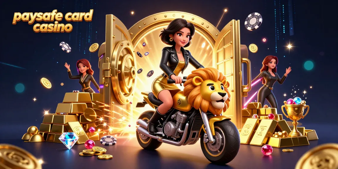 Paysafe Card Casino-Szene, die eine glamouröse asiatische Frau zeigt, die auf einem goldenen Löwenmaskottchen reitet, umgeben von fliegenden Pokerchips.