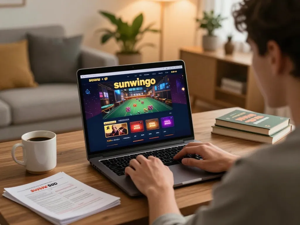 Engaging with the sunwingo online casino gaming interface in a cozy home setting.