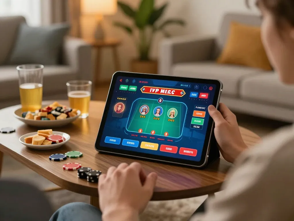 Player enjoying live baccarat on tablet at home, highlighting dagago gaming experience with strategic action.