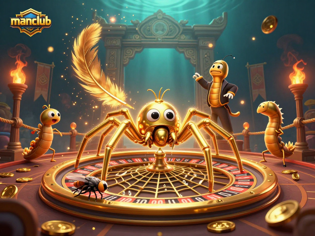 Manclub spider spins a roulette wheel-shaped web as a fly bets nervously amid gold coins and feathers.