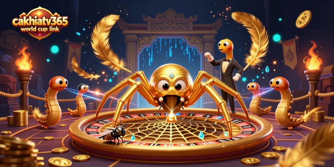 Experience the excitement of cakhiatv365 world cup link as a golden spider spins a roulette wheel web.