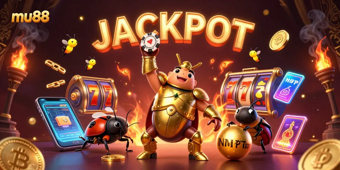 Experience the mu88 jackpot excitement with a victorious beetle cartoon illustration showcasing vibrant casino elements.