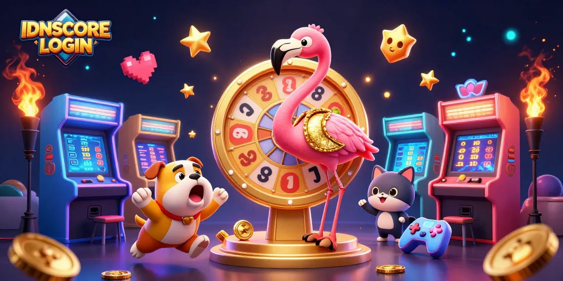 Engage with IDNSCORE LOGIN as a flamingo host spins a golden prize wheel in a vibrant casino scene.
