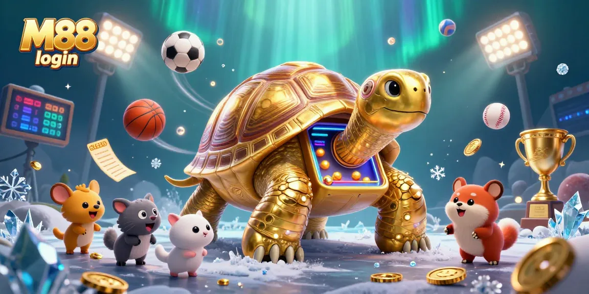 Experience the excitement of M88 login with a vibrant 3D casino scene filled with golden tortoise and dynamic sports elements.