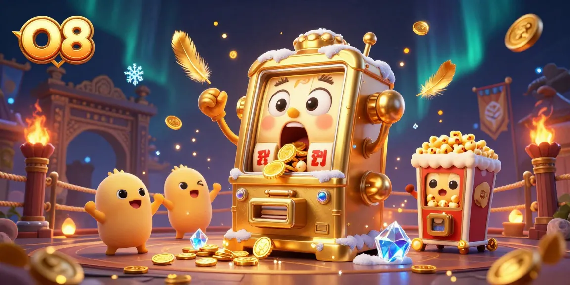 O8 slot machine surprises with coins while cheering machines celebrate in a colorful casino atmosphere.