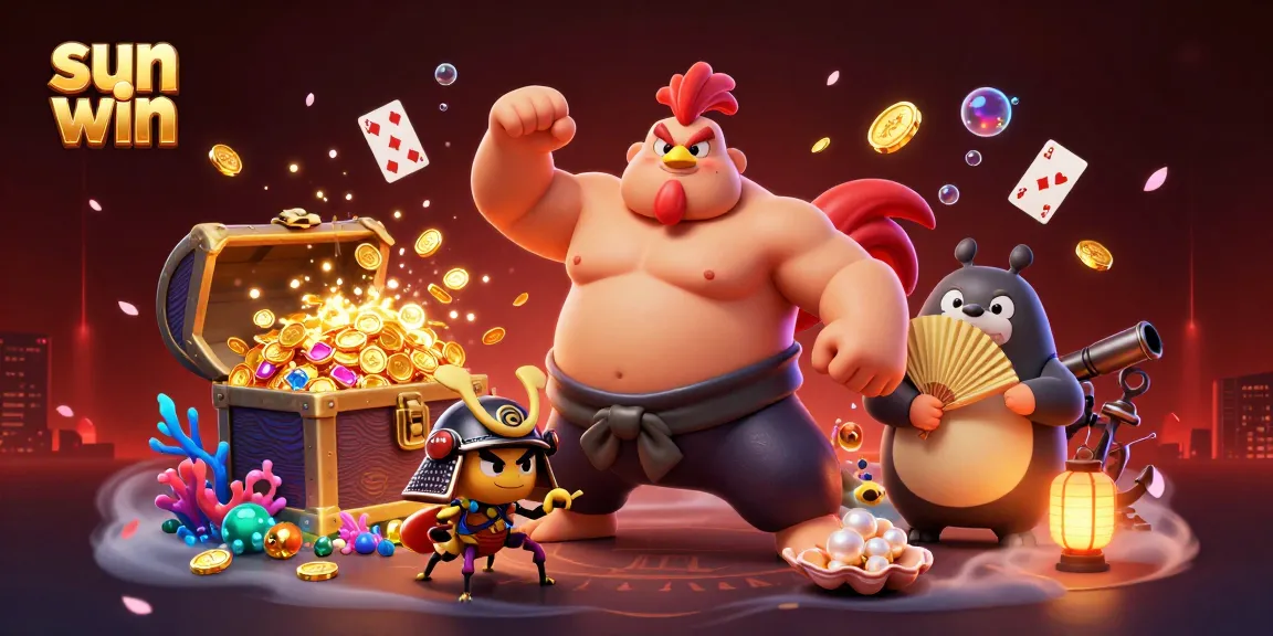 Experience the excitement of sun win in a vibrant casino scene with a powerful rooster sumo wrestler.