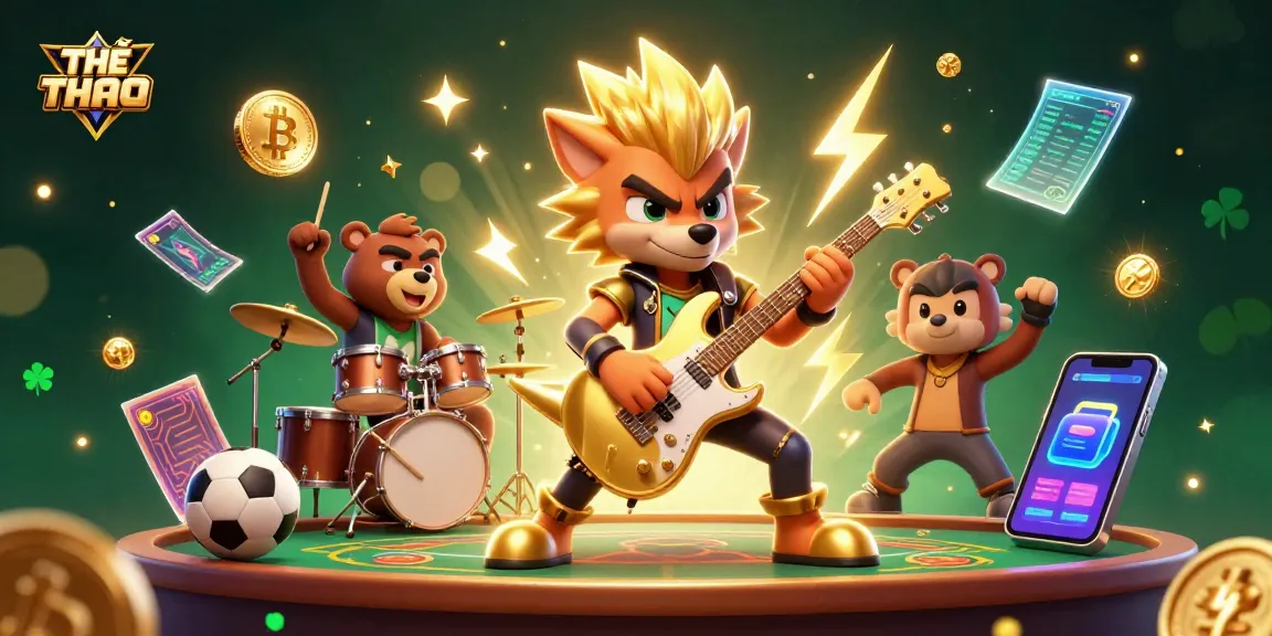 Engage in THỂ THAO betting action with cartoon wolves, sports elements, and neon cryptocurrency coins.