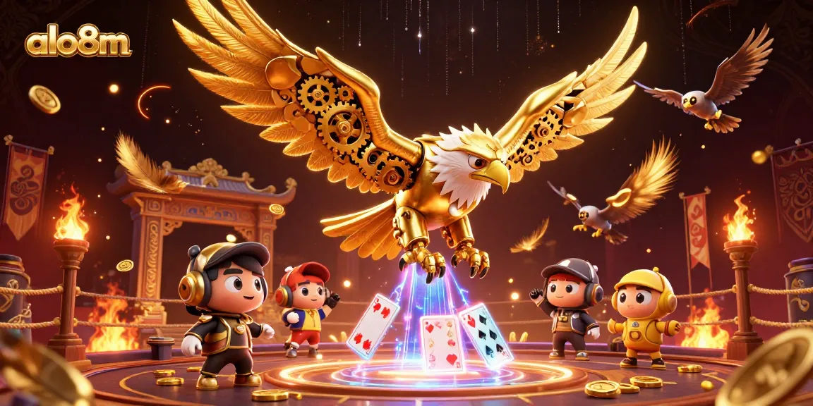 Engage in thrilling gameplay with alo8m, featuring a dynamic 3D cybernetic eagle amidst holographic casino elements.