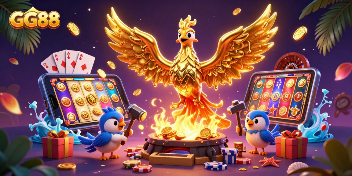 Engage with the thrilling world of GG88, showcasing a fiery phoenix and dynamic casino elements.