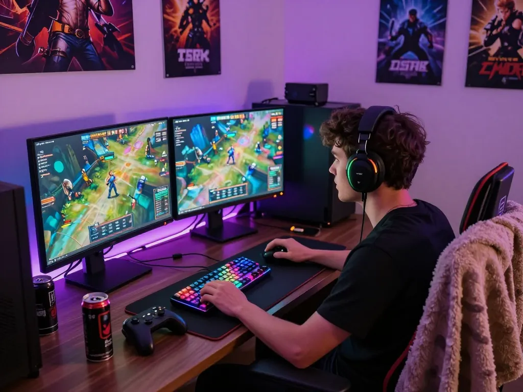 Gamer fully engaged in game sex exploration on high-end setup with vibrant RGB lighting.