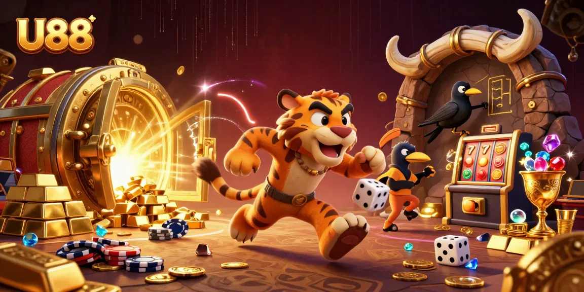 U88 showcases a thrilling prehistoric casino scene with cartoon characters and dazzling treasures.