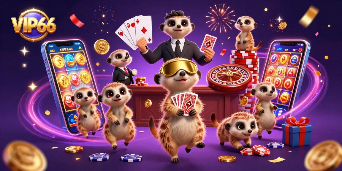 Experience the thrill of VIP66 with meerkats managing a lively casino scene.