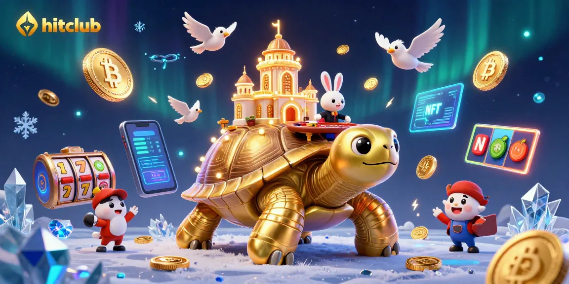 Experience hitclub's vibrant casino magic with a golden tortoise showcasing fantastic games and crypto elements.