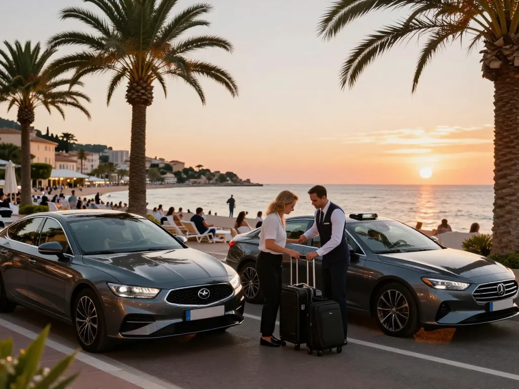 Taxis Saint-Tropez - Chauffeur professionnel aidant des clients avec des bagages devant un hôtel de luxe au coucher du soleil vibrant.