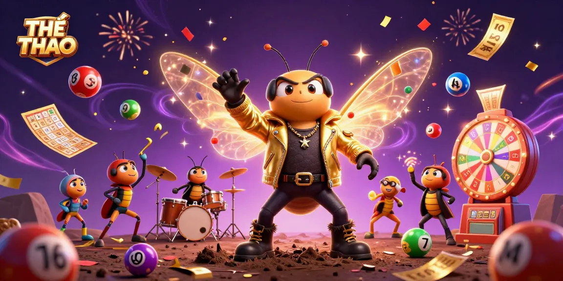Engage with THỂ THAO in this vibrant 3D illustration featuring dynamic lottery elements and a rock star theme.