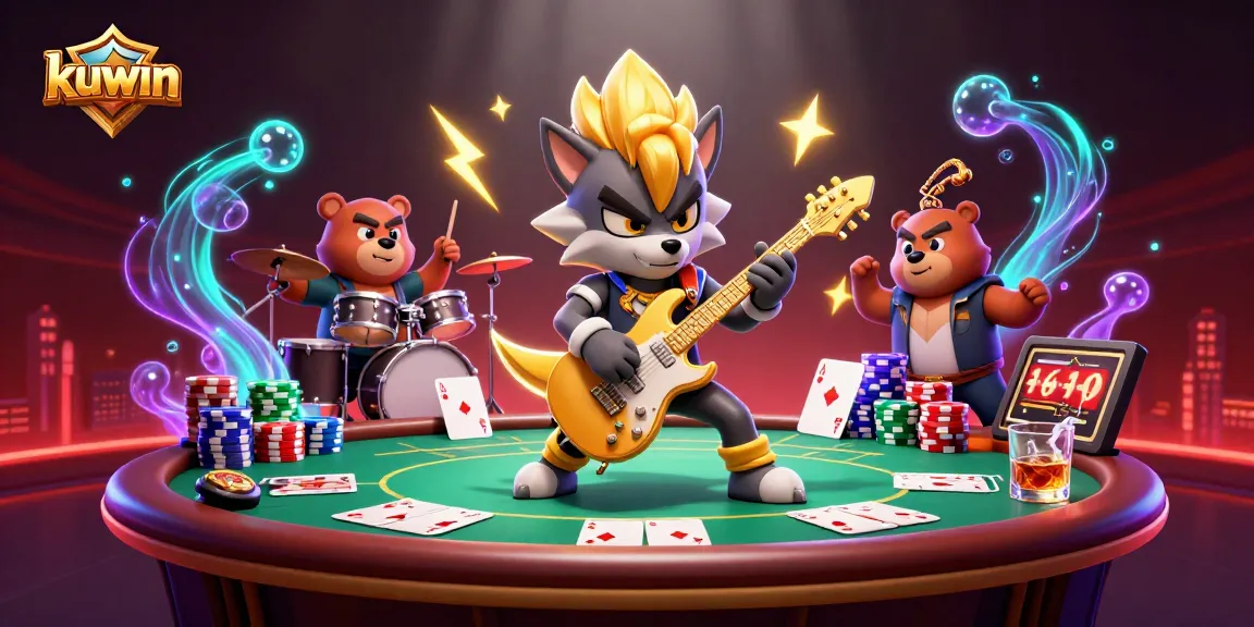 Kuwin showcases a vibrant casino scene with an electric wolf guitarist amid poker thrills.