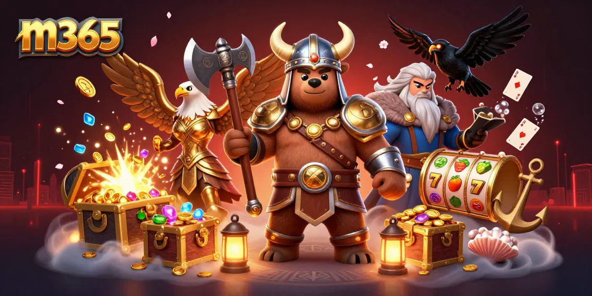 Engage in thrilling gameplay with m365, where Viking warriors fight amidst floating playing cards and treasures.