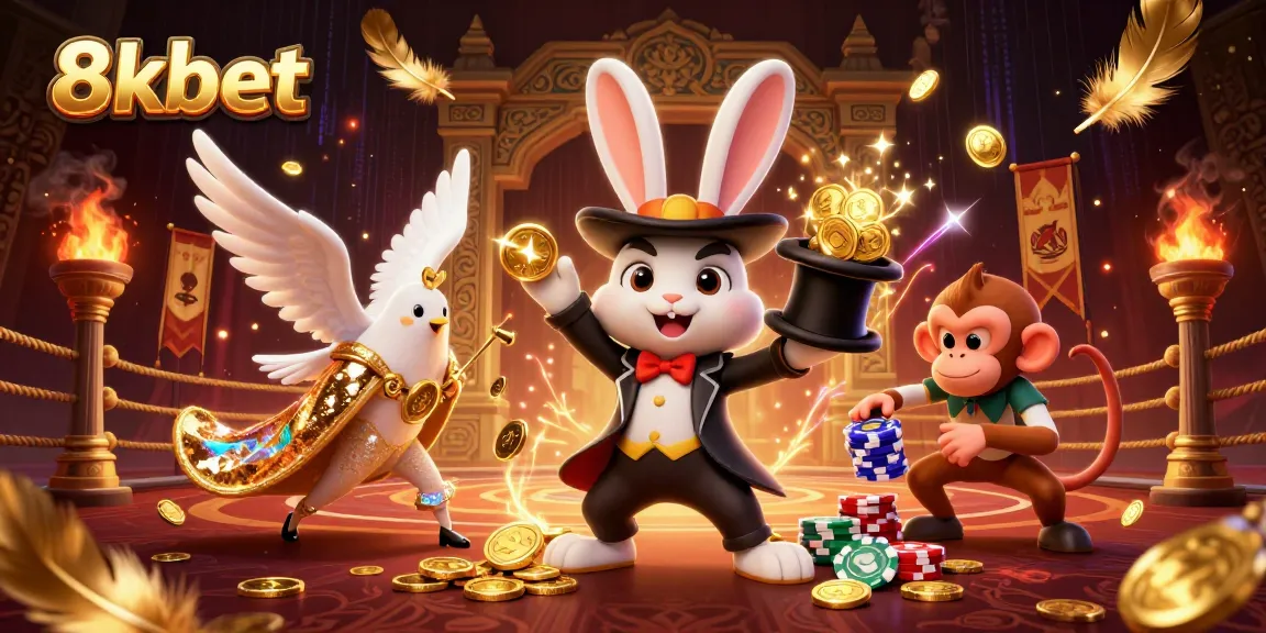 Experience the thrill of 8xbet with a vibrant casino scene showcasing a magician rabbit, glamorous dove, and playful monkey.