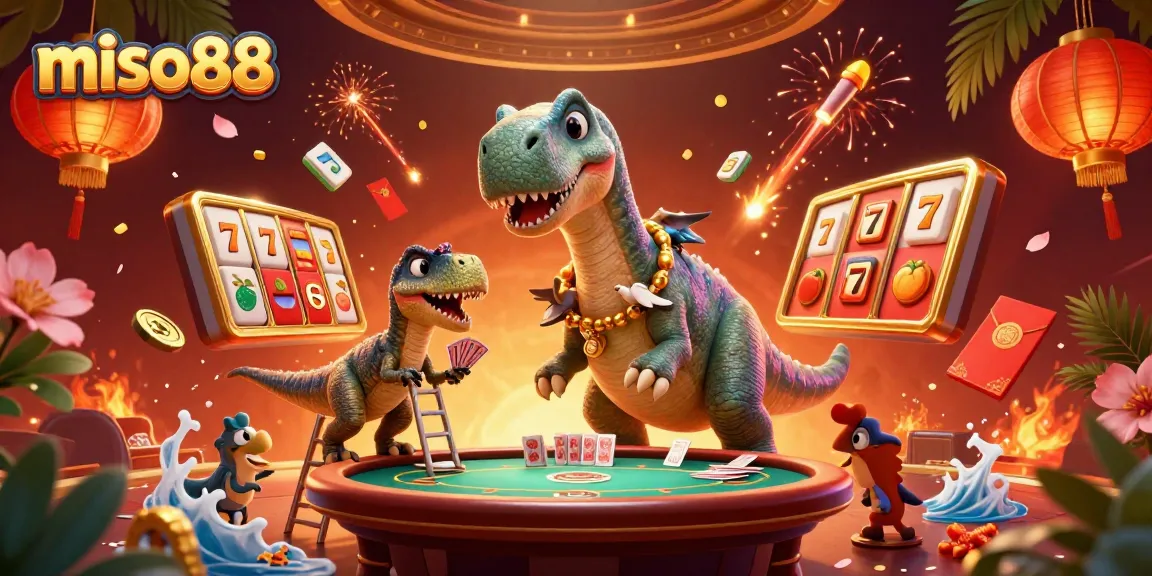 Experience thrilling gaming at miso88 with 3D creatures in a lively casino atmosphere filled with colorful elements.