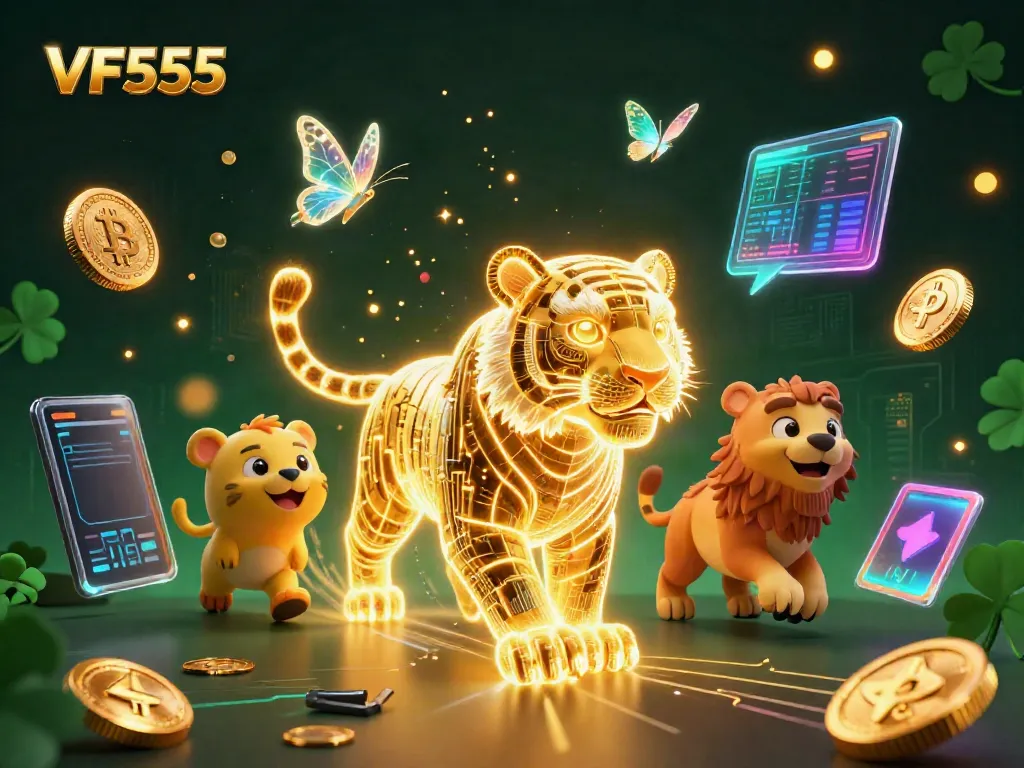 Experience the excitement of VF555 casino gaming with dynamic neon visuals and crypto elements.