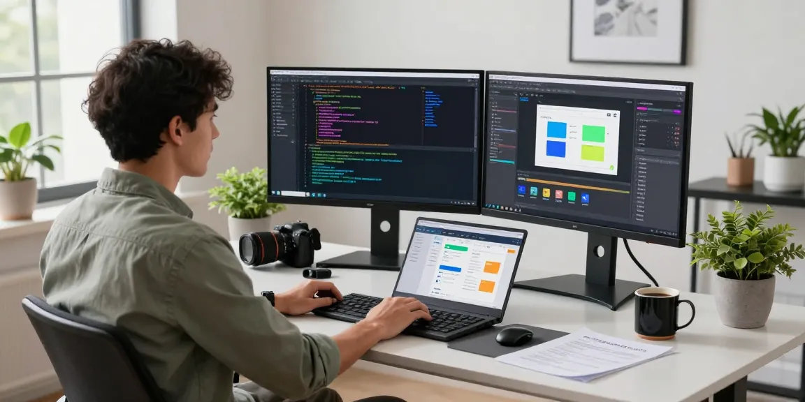 快连 software development workspace with a developer coding at a modern desk, showcasing a high-tech environment.