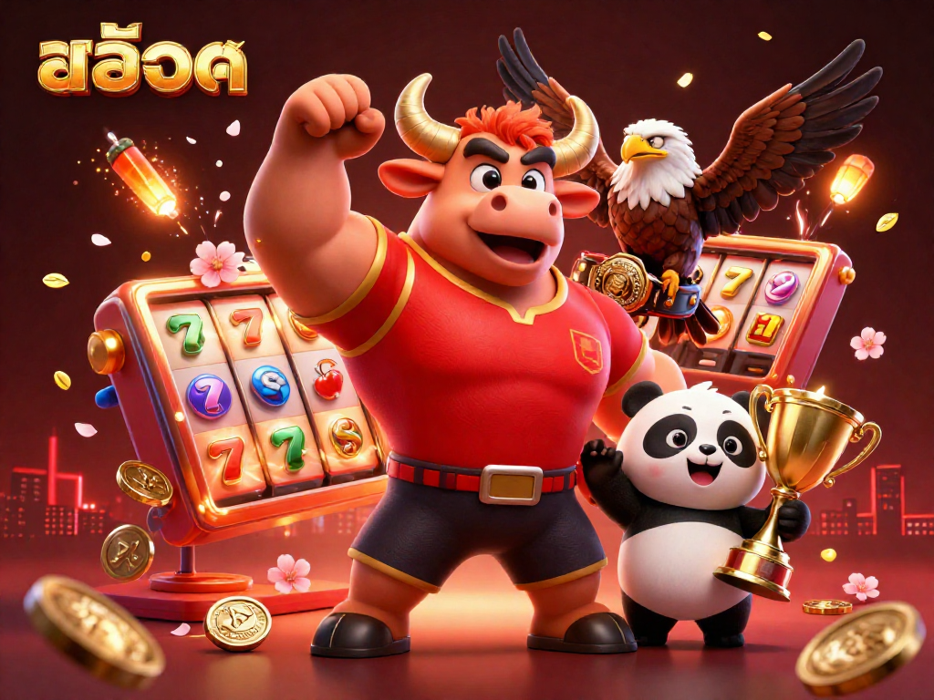 Experience exciting สล็อต gameplay with a victory pose bull mascot surrounded by dynamic slot elements.