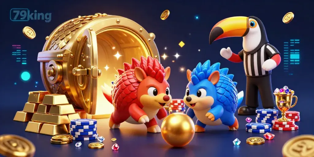 Experience exhilarating gameplay with 79king as pangolins roll through golden poker chips in a dazzling casino scene.