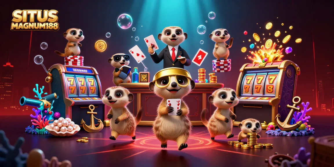 Engage with the lively SITUS MAGNUM188 casino adventure featuring animated meerkats amidst vibrant gaming elements.