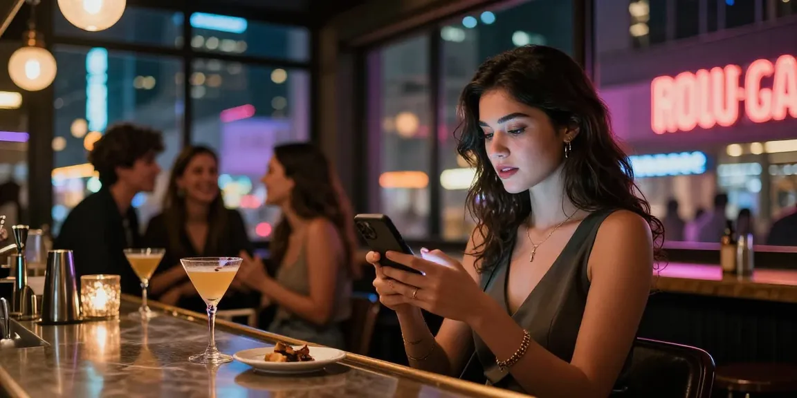 Gái gọi trong một quán bar sang trọng, ánh đèn neon sáng lung linh.
