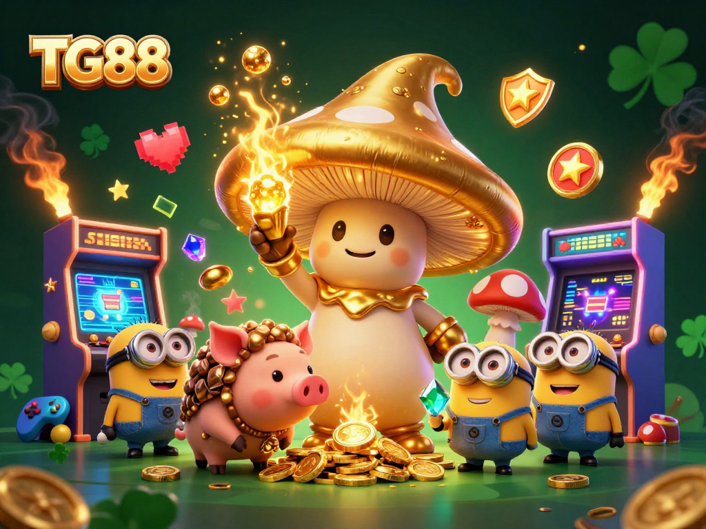 Engage in thrilling gameplay at TG88 with a magical scene featuring golden elements and vibrant arcade machines.